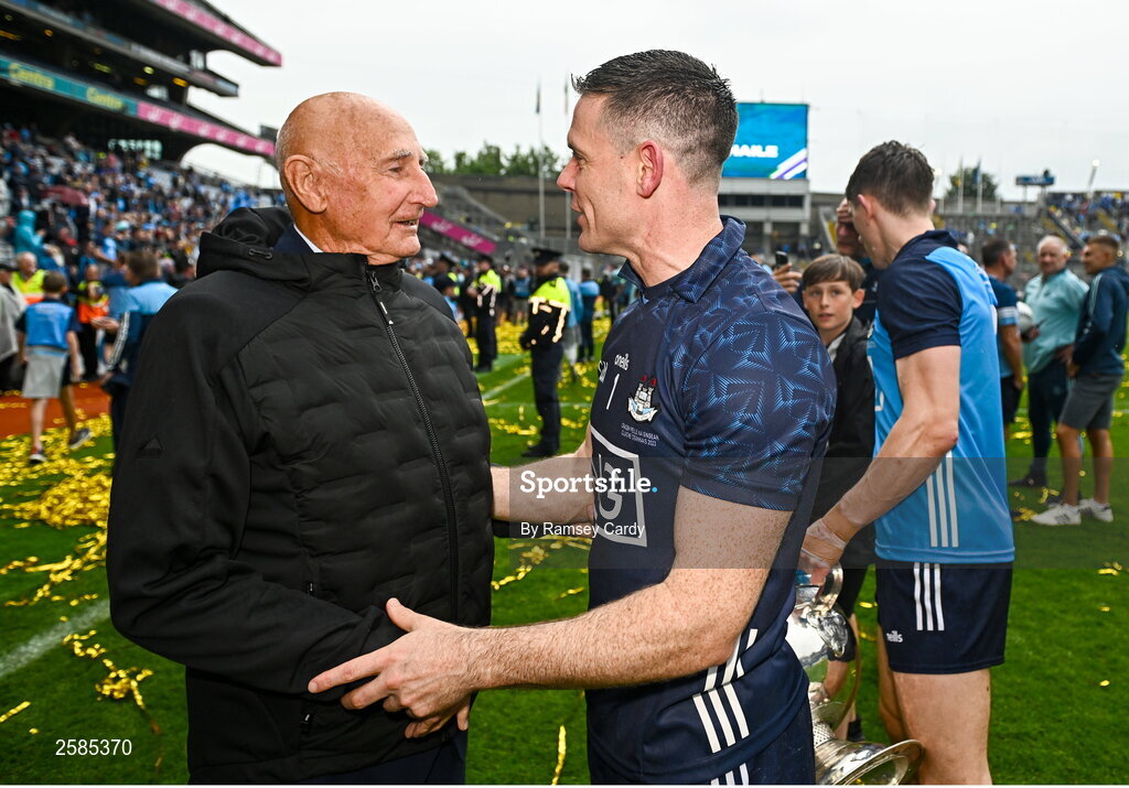 30 July 2023; Dublin goalkeeper Stephen Cluxton, right, with former Dublin player and manager Mickey Whelan after the GAA Football All-Ireland Senior Championship final match between Dublin and Kerry at Croke Park in Dublin. Photo by Ramsey Cardy/Sportsfile