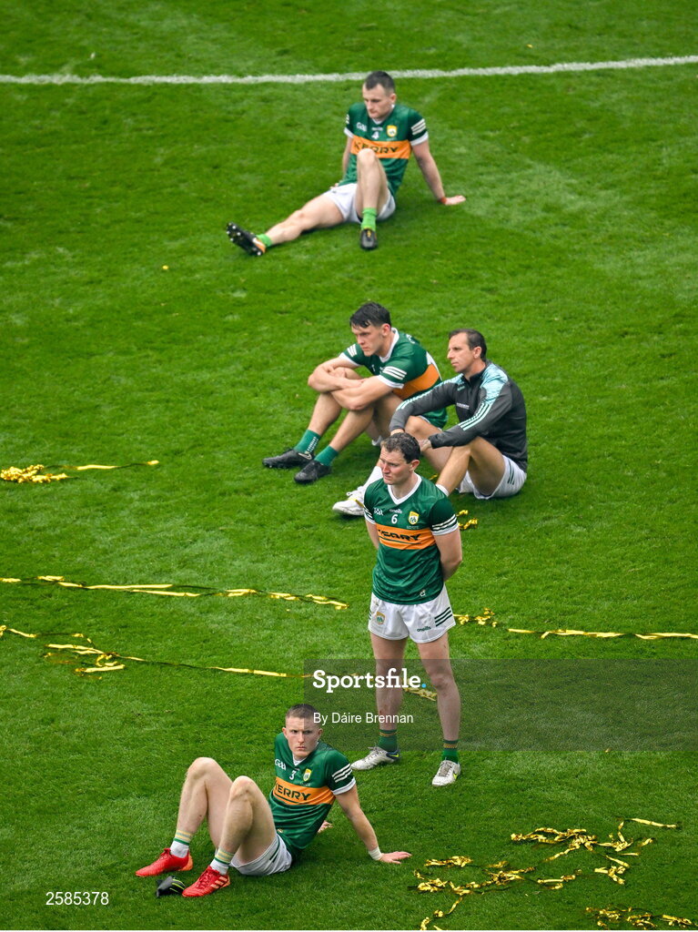 30 July 2023; Dejected Kerry players and mentors, top to bottom, Tom O'Sullivan, David Clifford, Tony Griffin, Tadhg Morley, and Jason Foley after the GAA Football All-Ireland Senior Championship final match between Dublin and Kerry at Croke Park in Dublin. Photo by Daire Brennan/Sportsfile