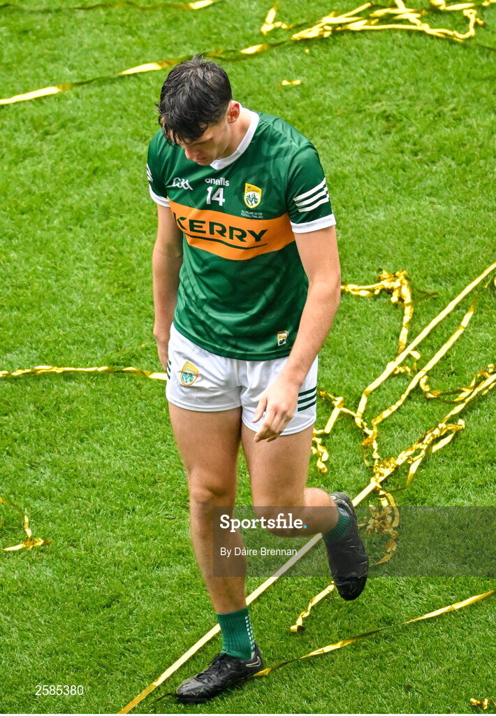30 July 2023; A dejected David Clifford of Kerry leaves the field after the GAA Football All-Ireland Senior Championship final match between Dublin and Kerry at Croke Park in Dublin. Photo by Daire Brennan/Sportsfile
