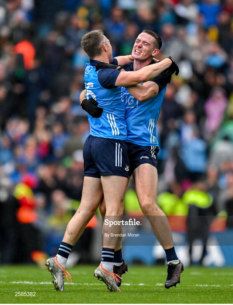 30 July 2023; Brian Fenton, right, and Dean Rock of Dublin celebrates victory at the final whistle of the GAA Football All-Ireland Senior Championship final match between Dublin and Kerry at Croke Park in Dublin. Photo by Brendan Moran/Sportsfile