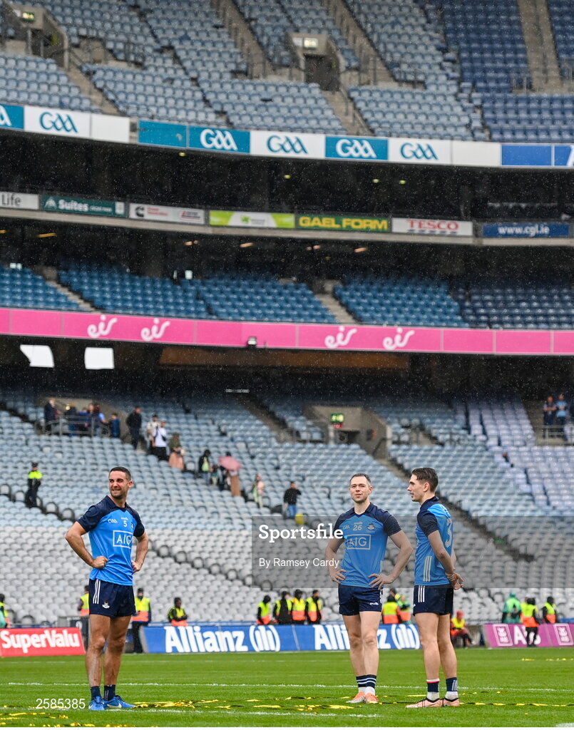 30 July 2023; Dublin players, from left, James McCarthy, Dean Rock and Michael Fitzsimons after the GAA Football All-Ireland Senior Championship final match between Dublin and Kerry at Croke Park in Dublin. Photo by Ramsey Cardy/Sportsfile