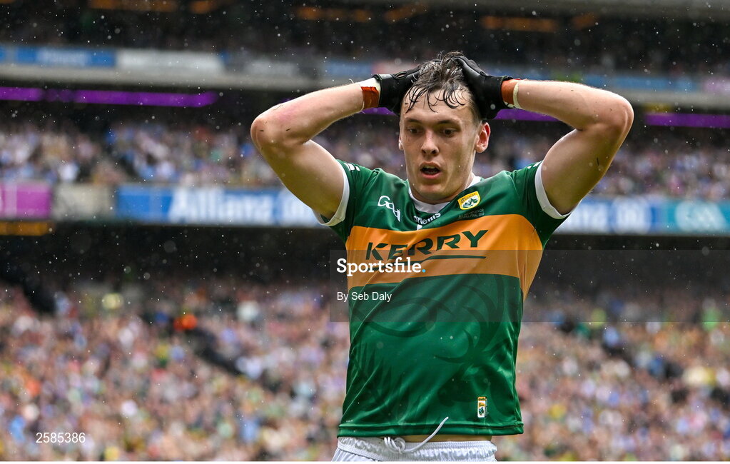 30 July 2023; David Clifford of Kerry reacts during the GAA Football All-Ireland Senior Championship final match between Dublin and Kerry at Croke Park in Dublin. Photo by Seb Daly/Sportsfile
