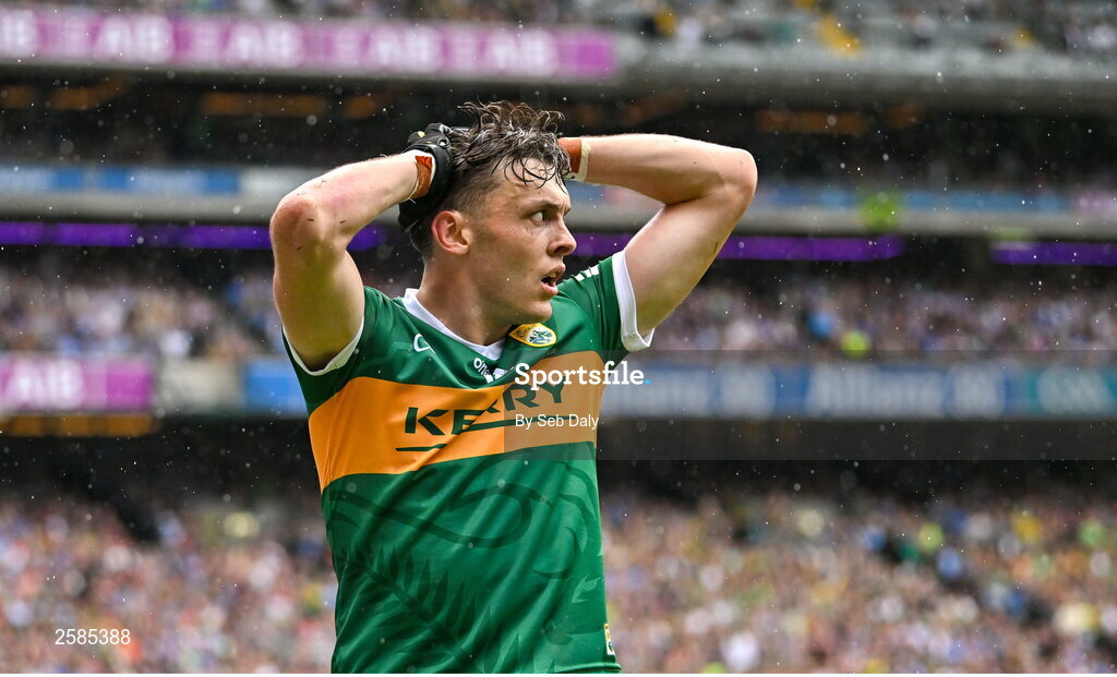 30 July 2023; David Clifford of Kerry reacts during the GAA Football All-Ireland Senior Championship final match between Dublin and Kerry at Croke Park in Dublin. Photo by Seb Daly/Sportsfile