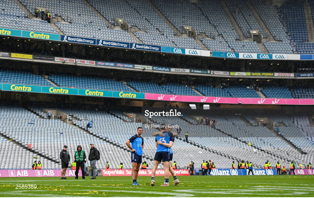 30 July 2023; Dublin players, from left, James McCarthy, Michael Fitzsimons and Dean Rock after the GAA Football All-Ireland Senior Championship final match between Dublin and Kerry at Croke Park in Dublin. Photo by Ramsey Cardy/Sportsfile