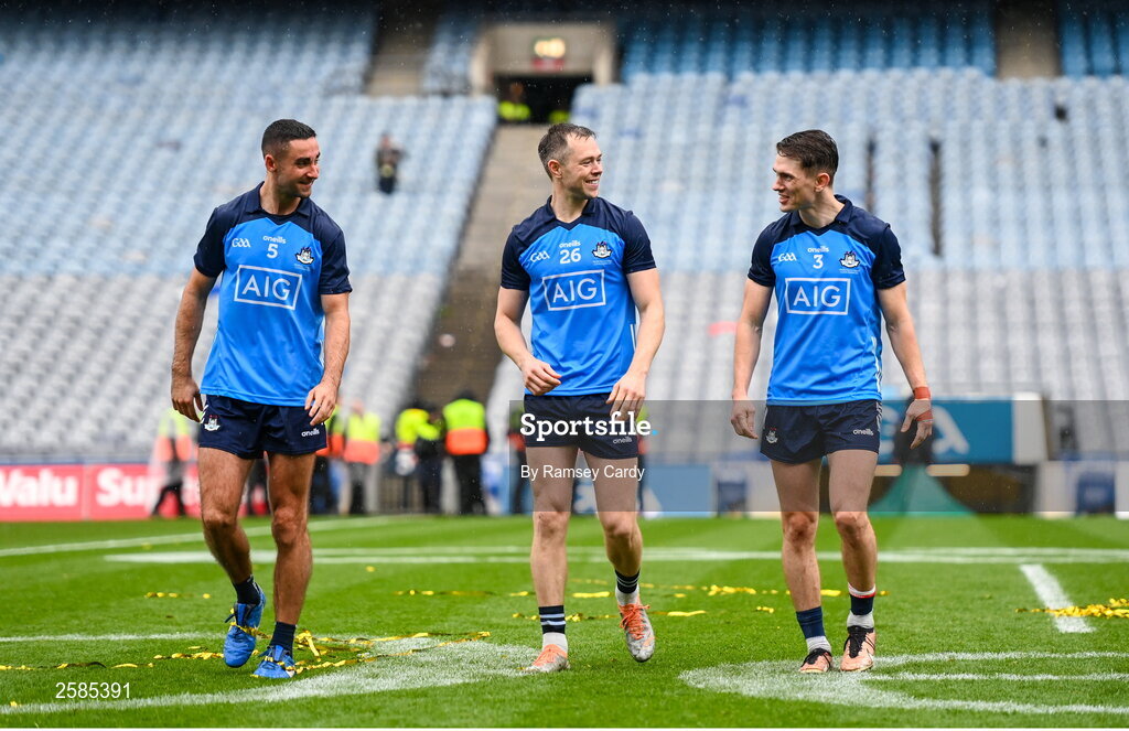 30 July 2023; Dublin players, from left, James McCarthy, Dean Rock and Michael Fitzsimons after the GAA Football All-Ireland Senior Championship final match between Dublin and Kerry at Croke Park in Dublin. Photo by Ramsey Cardy/Sportsfile