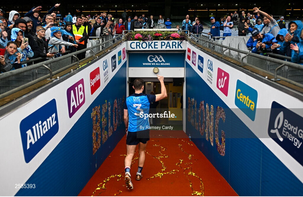 30 July 2023; Michael Fitzsimons of Dublin walks down the tunnel after the GAA Football All-Ireland Senior Championship final match between Dublin and Kerry at Croke Park in Dublin. Photo by Ramsey Cardy/Sportsfile