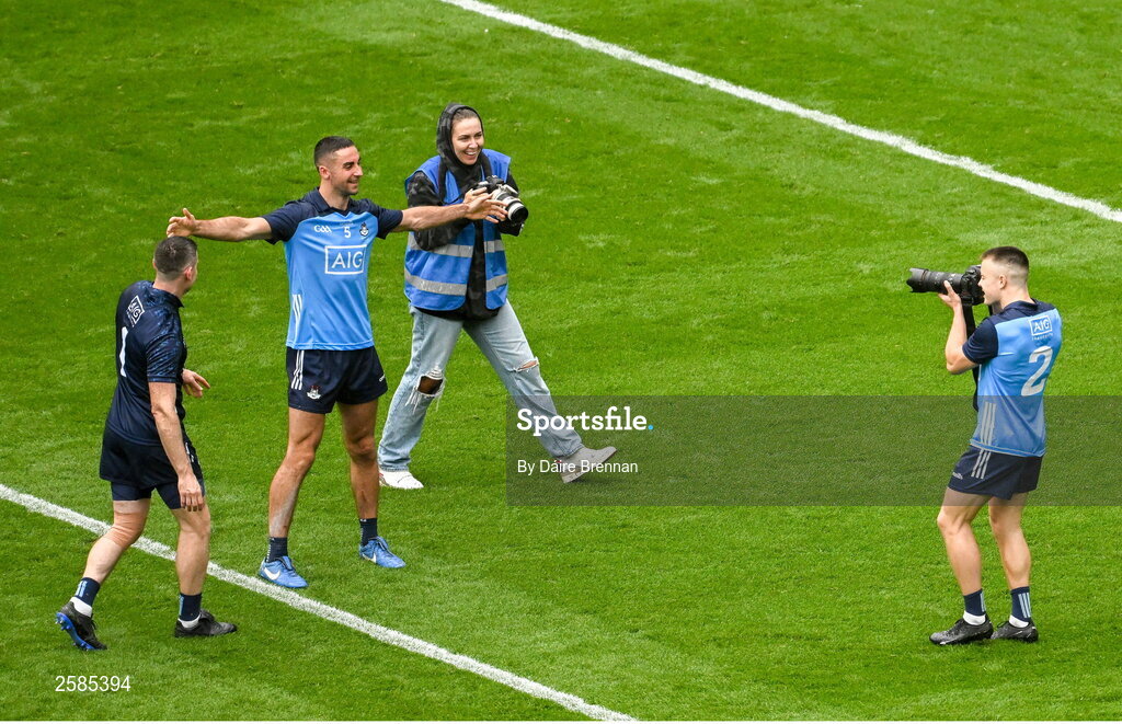30 July 2023; Eoin Murchan of Dublin takes a photo of team-mates Stephen Cluxton, left, and James McCarthy, after the GAA Football All-Ireland Senior Championship final match between Dublin and Kerry at Croke Park in Dublin. Photo by Daire Brennan/Sportsfile