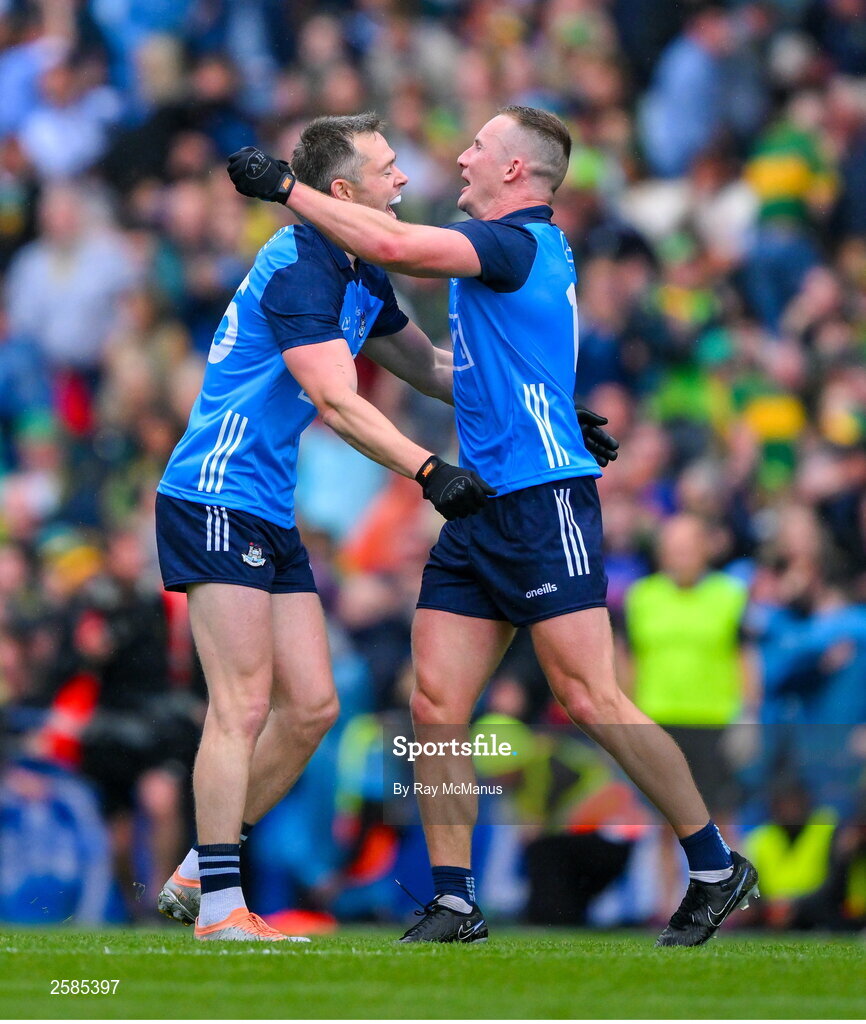 30 July 2023; Dublin players Dean Rock and Ciaran Kilkenny begin the celebrations after the final whistle of the GAA Football All-Ireland Senior Championship final match between Dublin and Kerry at Croke Park in Dublin. Photo by Ray McManus/Sportsfile