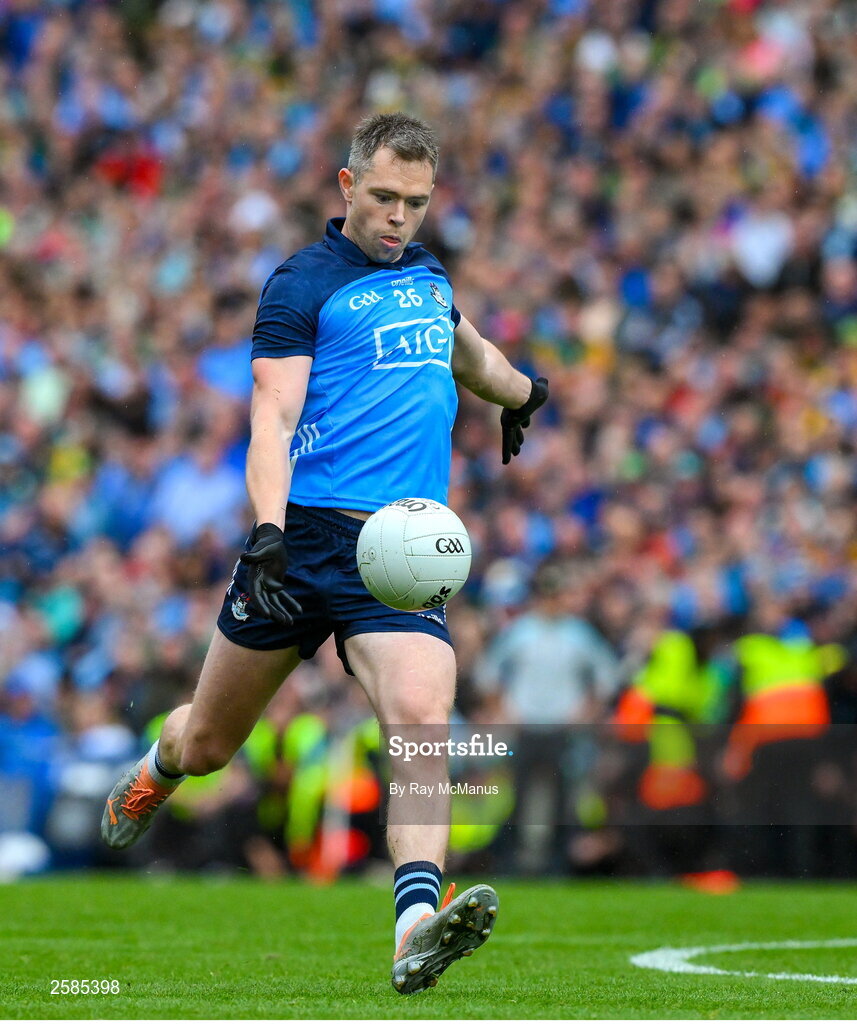30 July 2023; Dean Rock of Dublin kicks, a free, the last score of game, during the GAA Football All-Ireland Senior Championship final match between Dublin and Kerry at Croke Park in Dublin. Photo by Ray McManus/Sportsfile