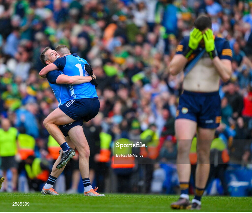 30 July 2023; Dublin players Dean Rock and Ciaran Kilkenny begin the celebrations and Kerry goalkeeper Shane Ryan reacts to the final whistle of the GAA Football All-Ireland Senior Championship final match between Dublin and Kerry at Croke Park in Dublin. Photo by Ray McManus/Sportsfile