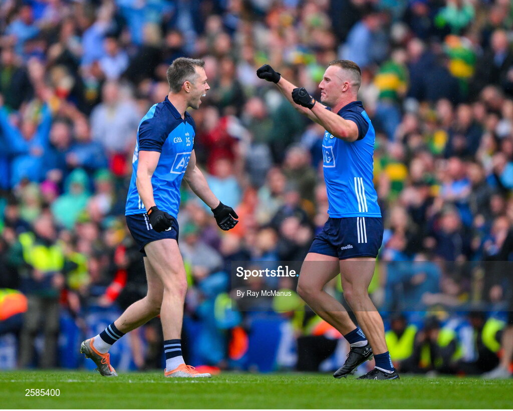 30 July 2023; Dublin players Dean Rock and Ciaran Kilkenny begin the celebrations after the final whistle of the GAA Football All-Ireland Senior Championship final match between Dublin and Kerry at Croke Park in Dublin. Photo by Ray McManus/Sportsfile