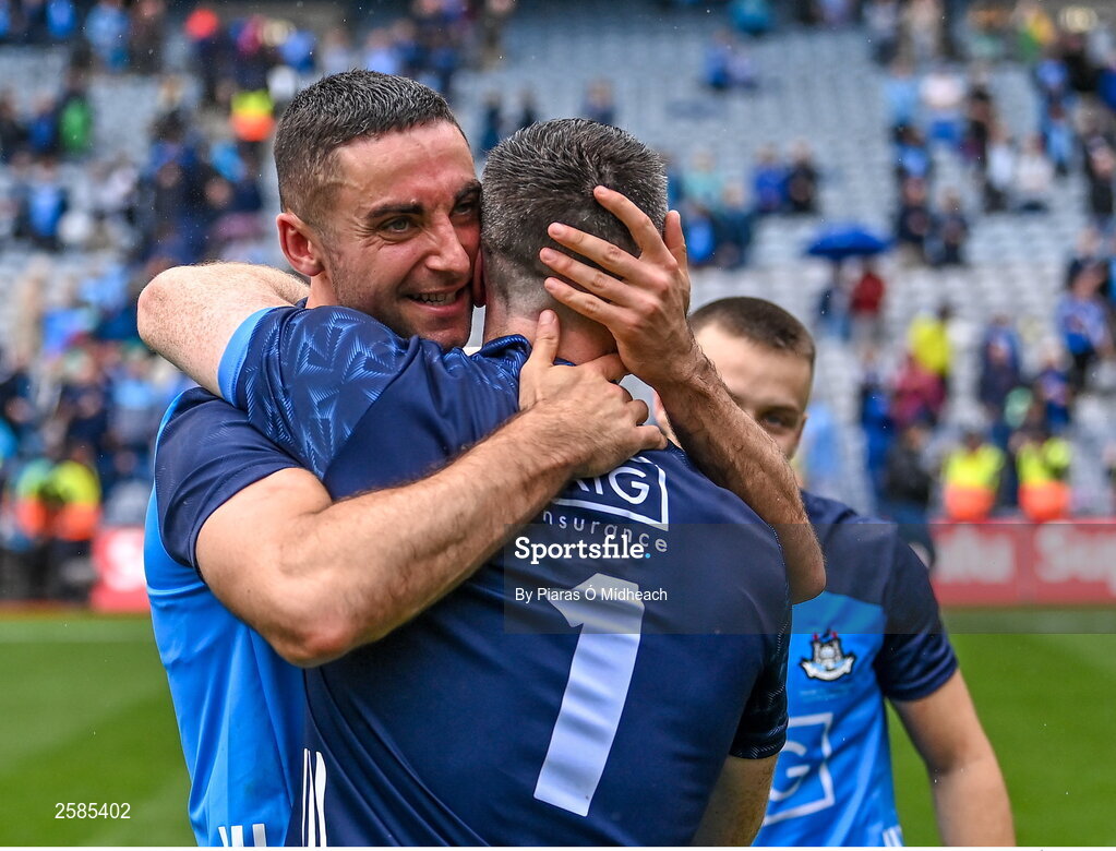 30 July 2023; Dublin players James McCarthy, left, and Stephen Cluxton celebrate after their side's victory in the GAA Football All-Ireland Senior Championship final match between Dublin and Kerry at Croke Park in Dublin. Photo by Piaras Ó Mídheach/Sportsfile