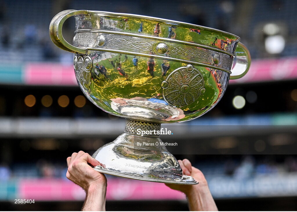30 July 2023; The Sam Maguire Cup is held aloft during the Dublin celebrations after the GAA Football All-Ireland Senior Championship final match between Dublin and Kerry at Croke Park in Dublin. Photo by Piaras Ó Mídheach/Sportsfile