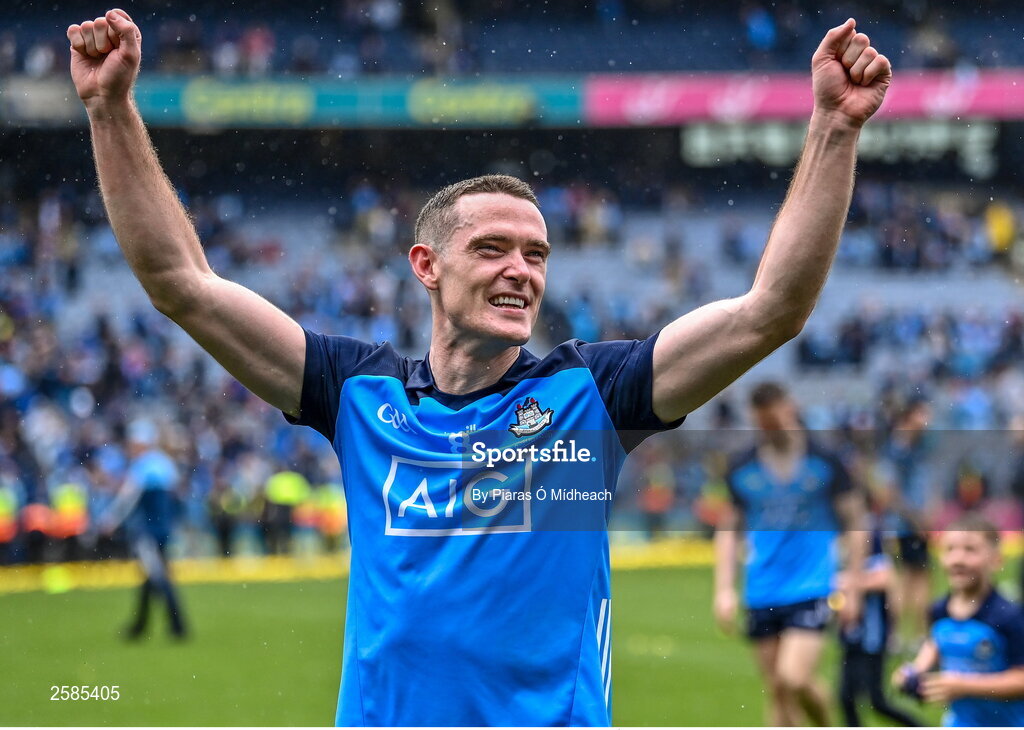 30 July 2023; Brian Fenton of Dublin celebrates after his side's victory in the GAA Football All-Ireland Senior Championship final match between Dublin and Kerry at Croke Park in Dublin. Photo by Piaras Ó Mídheach/Sportsfile