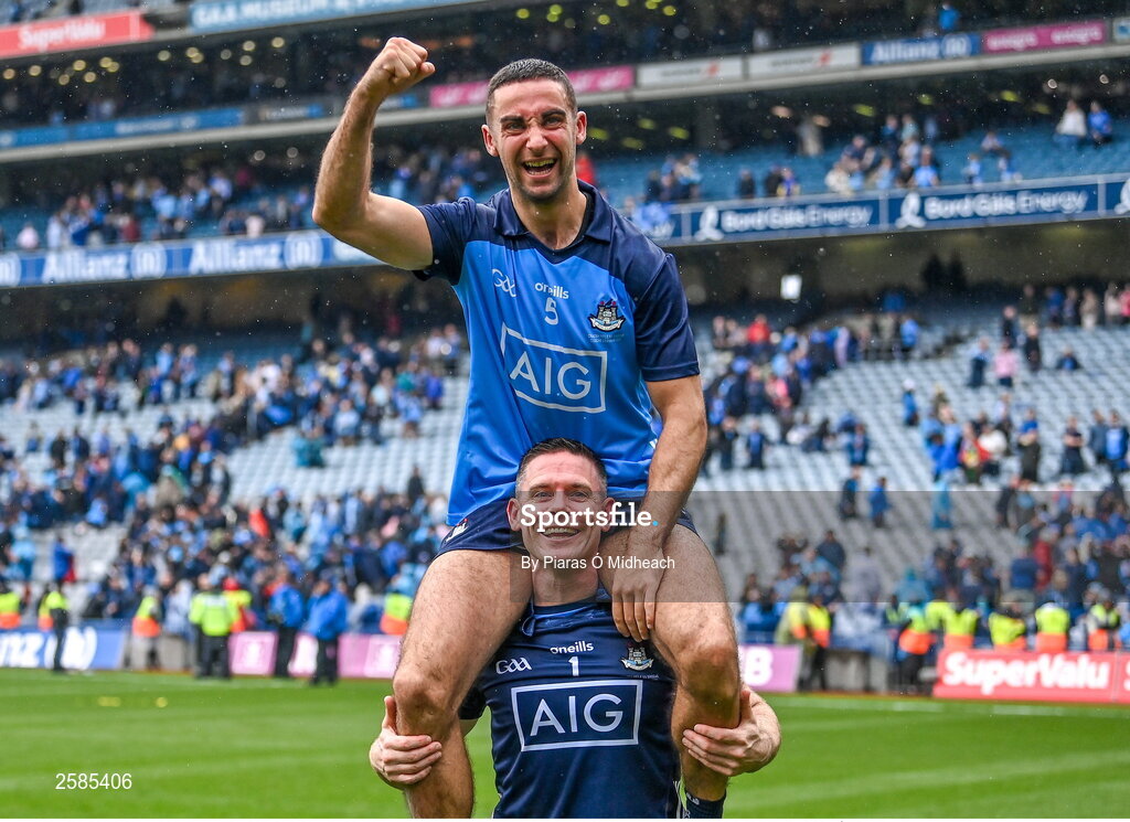 30 July 2023; Dublin players Stephen Cluxton and James McCarthy, 5, celebrate after their side's victory in the GAA Football All-Ireland Senior Championship final match between Dublin and Kerry at Croke Park in Dublin. Photo by Piaras Ó Mídheach/Sportsfile