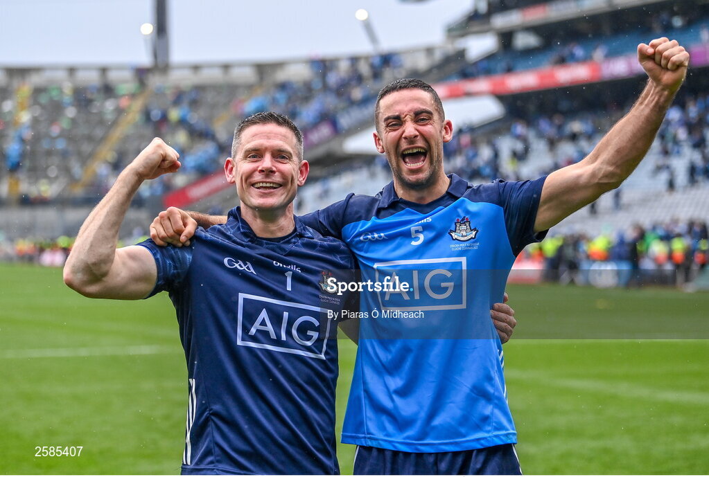 30 July 2023; Dublin players Stephen Cluxton, left, and James McCarthy celebrate after their side's victory in the GAA Football All-Ireland Senior Championship final match between Dublin and Kerry at Croke Park in Dublin. Photo by Piaras Ó Mídheach/Sportsfile