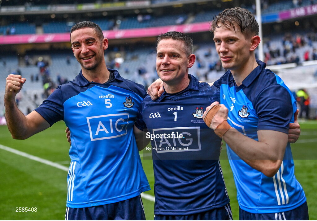 30 July 2023; Dublin players, from left, James McCarthy, Stephen Cluxton and Michael Fitzsimons celebrate after their side's victory in the GAA Football All-Ireland Senior Championship final match between Dublin and Kerry at Croke Park in Dublin. Photo by Piaras Ó Mídheach/Sportsfile