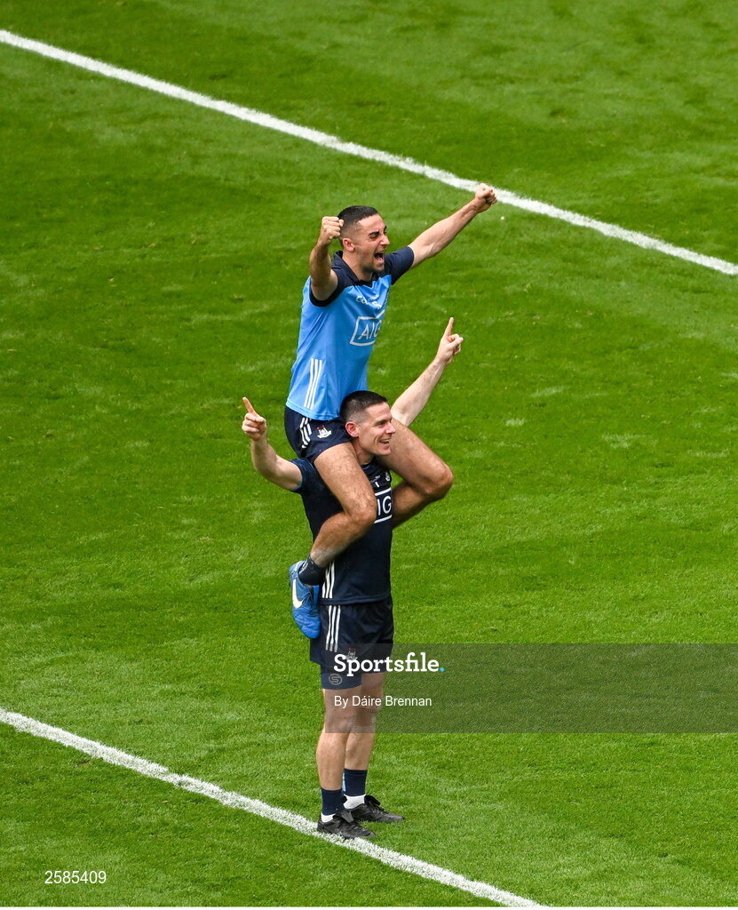 30 July 2023; Dublin players Stephen Cluxton and James McCarthy celebrate after the GAA Football All-Ireland Senior Championship final match between Dublin and Kerry at Croke Park in Dublin. Photo by Daire Brennan/Sportsfile