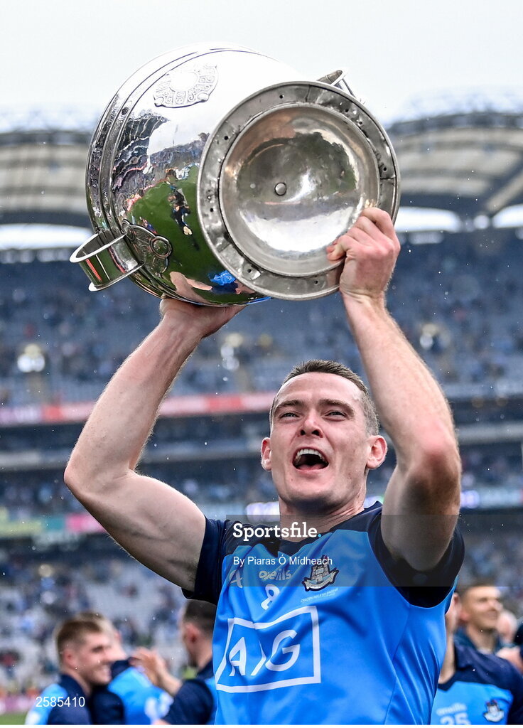 30 July 2023; Brian Fenton of Dublin celebrates with the Sam Maguire Cup after his side's victory in the GAA Football All-Ireland Senior Championship final match between Dublin and Kerry at Croke Park in Dublin. Photo by Piaras Ó Mídheach/Sportsfile