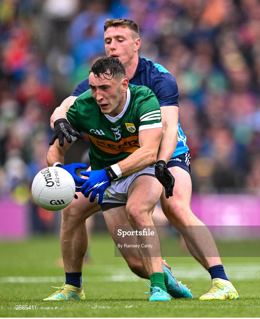 30 July 2023; Paudie Clifford of Kerry is tackled by John Small of Dublin during the GAA Football All-Ireland Senior Championship final match between Dublin and Kerry at Croke Park in Dublin. Photo by Ramsey Cardy/Sportsfile