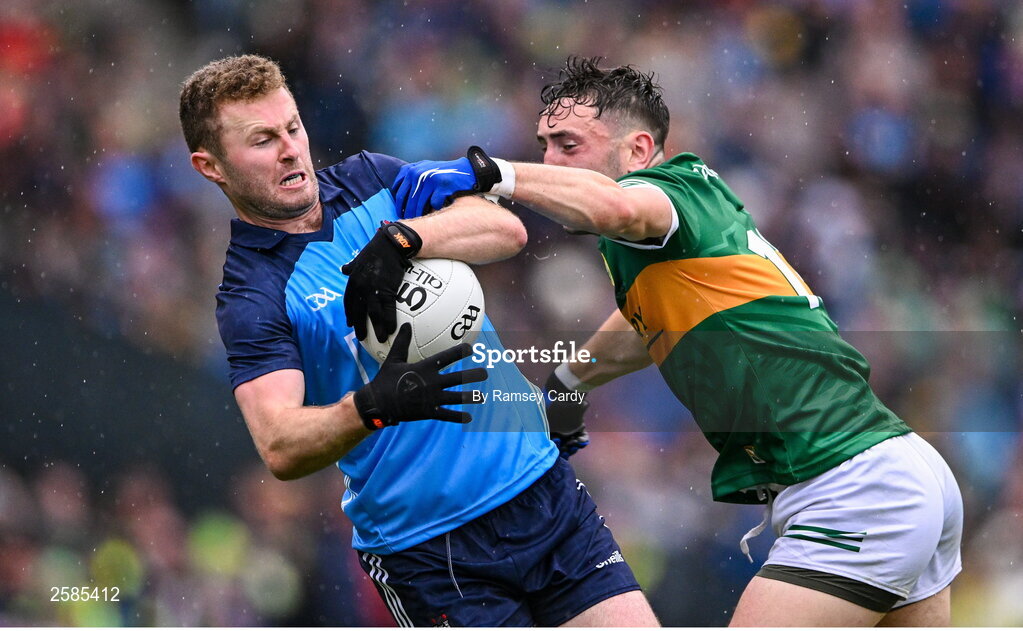 30 July 2023; Jack McCaffrey of Dublin in action against Paudie Clifford of Kerry during the GAA Football All-Ireland Senior Championship final match between Dublin and Kerry at Croke Park in Dublin. Photo by Ramsey Cardy/Sportsfile