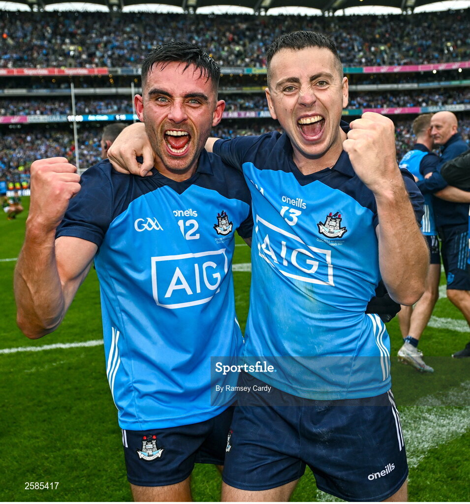 30 July 2023; Niall Scully, left, and Cormac Costello of Dublin celebrate after the GAA Football All-Ireland Senior Championship final match between Dublin and Kerry at Croke Park in Dublin. Photo by Ramsey Cardy/Sportsfile