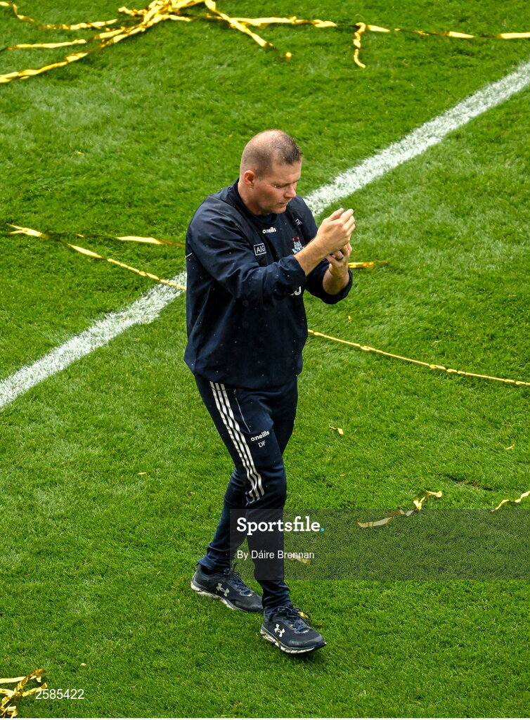 30 July 2023; Dublin manager Dessie Farrell makes a call on face-time after the GAA Football All-Ireland Senior Championship final match between Dublin and Kerry at Croke Park in Dublin. Photo by Daire Brennan/Sportsfile