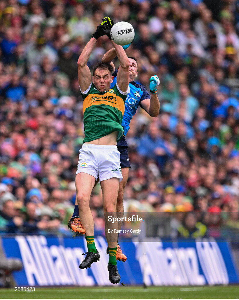 30 July 2023; Jack Barry of Kerry and Brian Howard of Dublin during the GAA Football All-Ireland Senior Championship final match between Dublin and Kerry at Croke Park in Dublin. Photo by Ramsey Cardy/Sportsfile