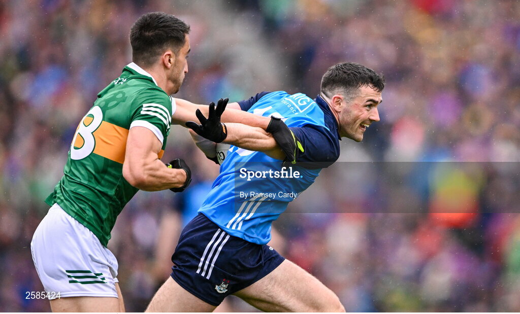 30 July 2023; Colm Basquel of Dublin in action against Brian Ó Beaglaíoch of Kerry during the GAA Football All-Ireland Senior Championship final match between Dublin and Kerry at Croke Park in Dublin. Photo by Ramsey Cardy/Sportsfile