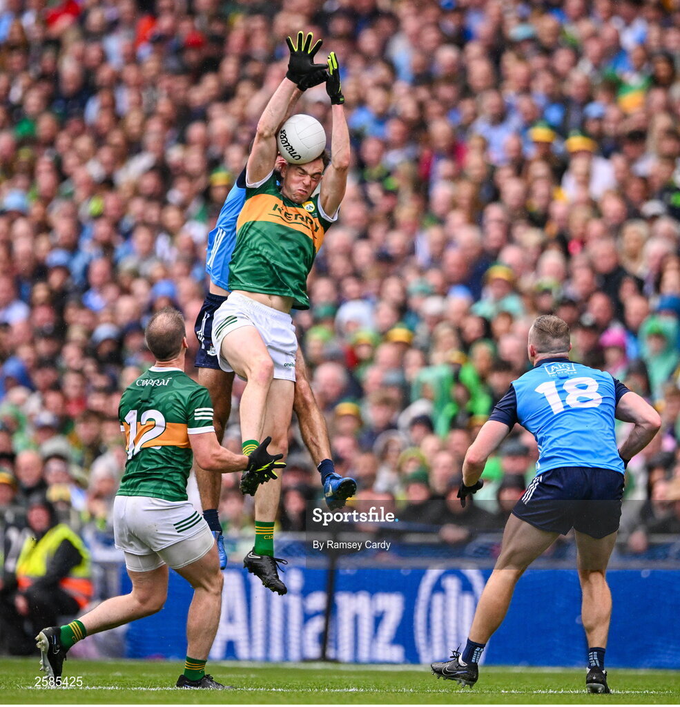 30 July 2023; Jack Barry of Kerry and James McCarthy of Dublin during the GAA Football All-Ireland Senior Championship final match between Dublin and Kerry at Croke Park in Dublin. Photo by Ramsey Cardy/Sportsfile