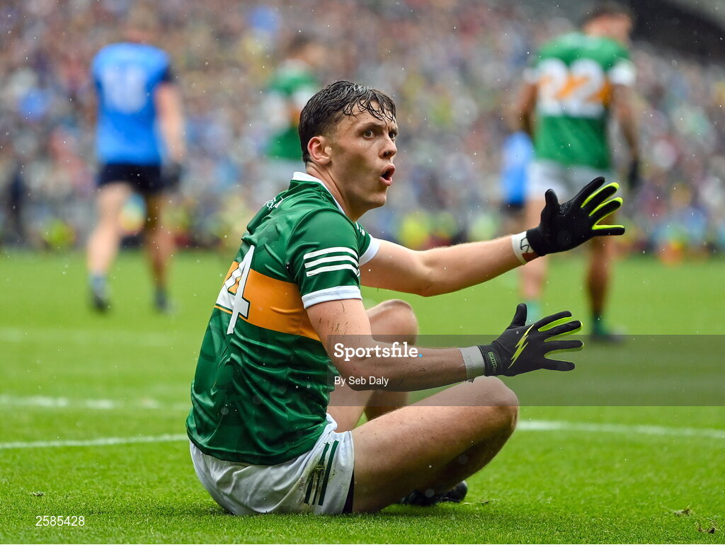 30 July 2023; David Clifford of Kerry reacts during the GAA Football All-Ireland Senior Championship final match between Dublin and Kerry at Croke Park in Dublin. Photo by Seb Daly/Sportsfile