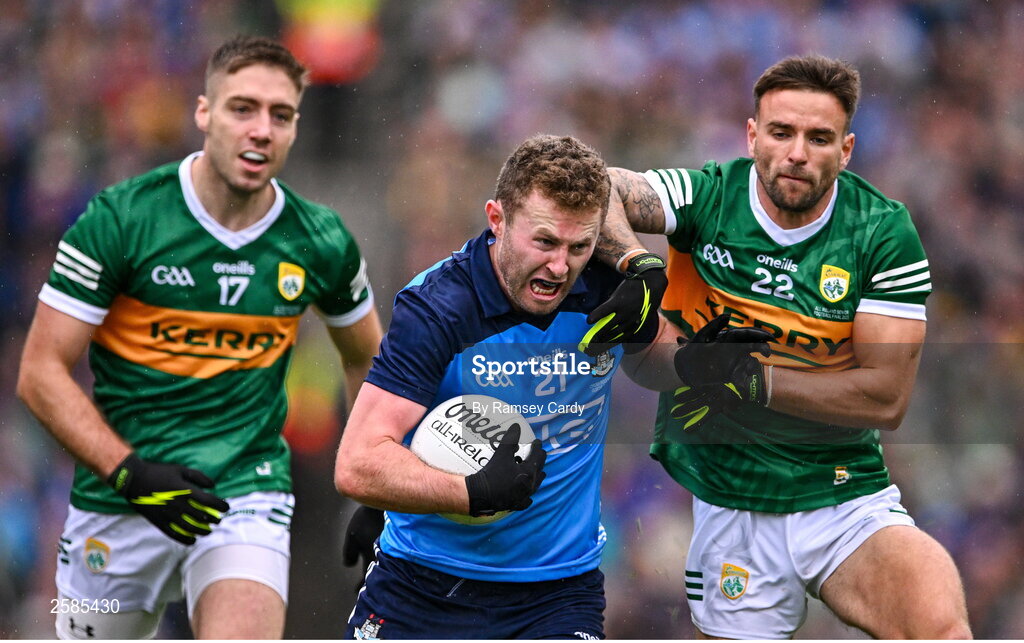 30 July 2023; Jack McCaffrey of Dublin in action against Micheál Burns of Kerry during the GAA Football All-Ireland Senior Championship final match between Dublin and Kerry at Croke Park in Dublin. Photo by Ramsey Cardy/Sportsfile