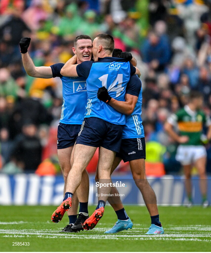 30 July 2023; Dublin players, from left, Brian Fenton, Con O'Callaghan and Niall Scully celebrate victory at the final whistle of the GAA Football All-Ireland Senior Championship final match between Dublin and Kerry at Croke Park in Dublin. Photo by Brendan Moran/Sportsfile