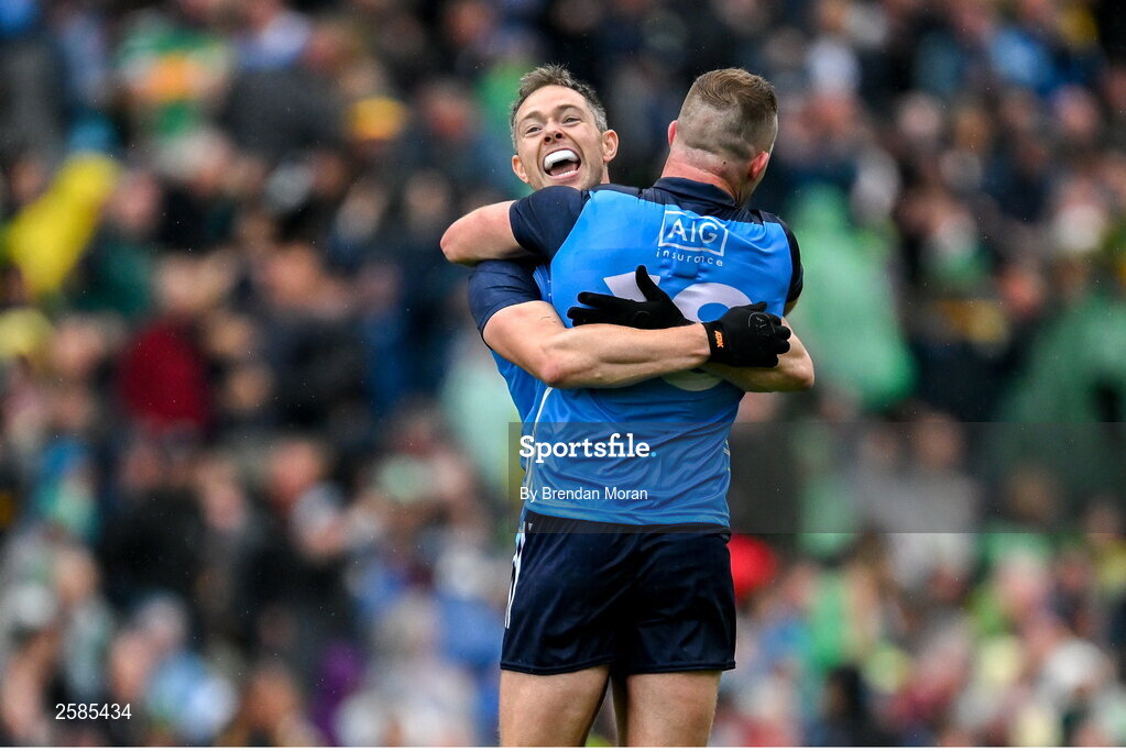 30 July 2023; Dublin players Dean Rock, left, and Ciaran Kilkenny celebrate victory at the final whistle of the GAA Football All-Ireland Senior Championship final match between Dublin and Kerry at Croke Park in Dublin. Photo by Brendan Moran/Sportsfile