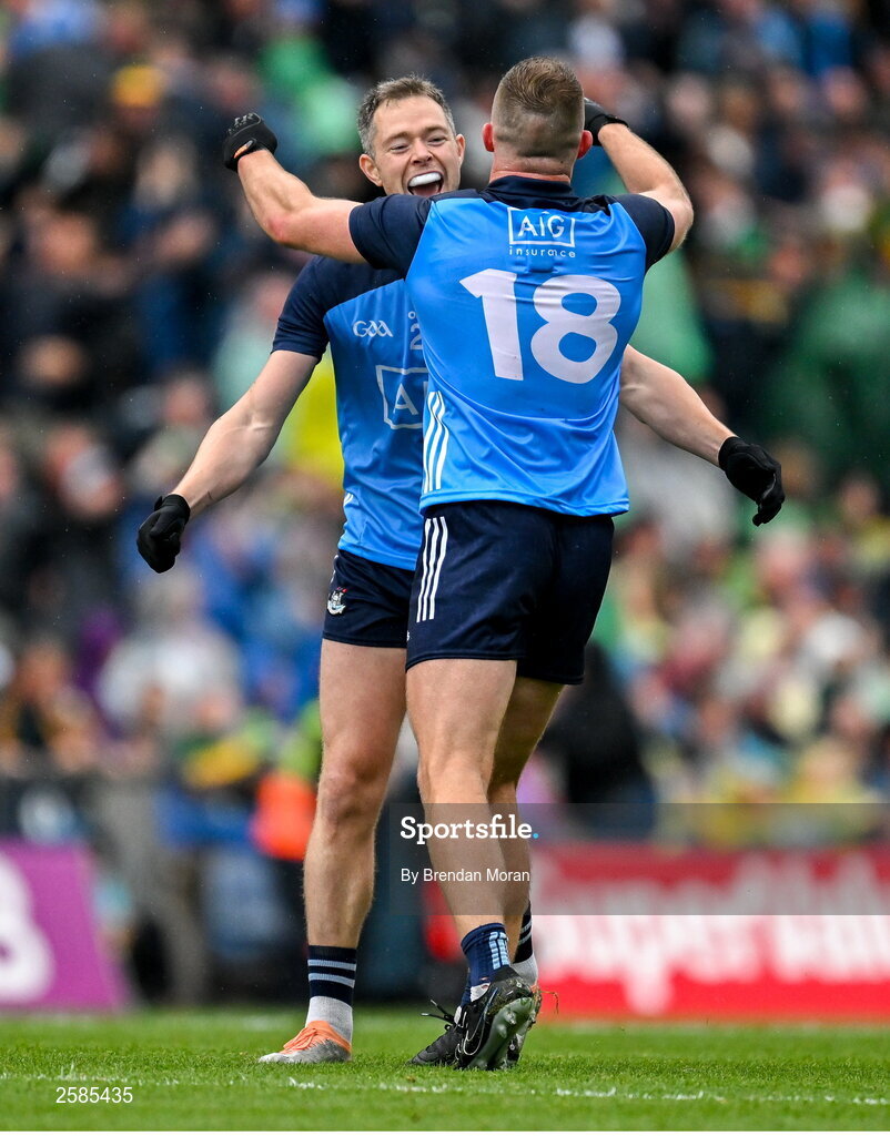 30 July 2023; Dublin players Dean Rock, left, and Ciaran Kilkenny celebrate victory at the final whistle of the GAA Football All-Ireland Senior Championship final match between Dublin and Kerry at Croke Park in Dublin. Photo by Brendan Moran/Sportsfile