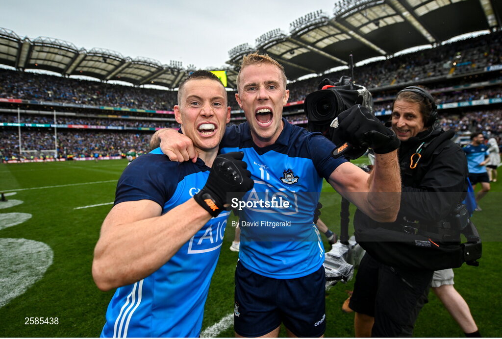 30 July 2023; Con O'Callaghan, left, and Paul Mannion of Dublin celebrate after the GAA Football All-Ireland Senior Championship final match between Dublin and Kerry at Croke Park in Dublin. Photo by David Fitzgerald/Sportsfile