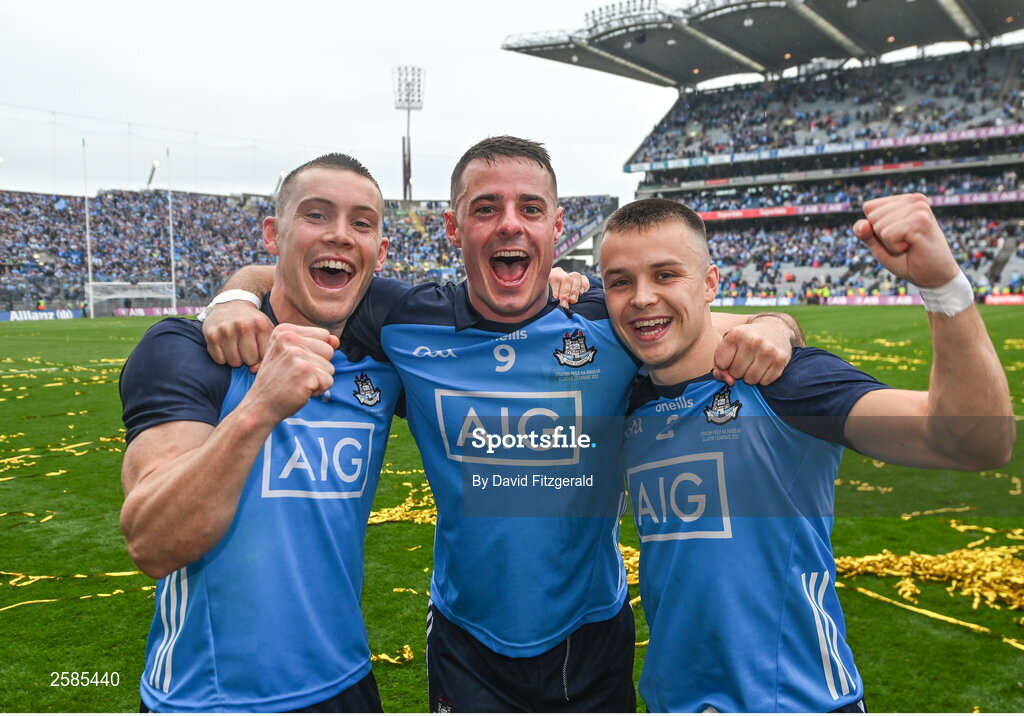 30 July 2023; Dublin players, from left, Con O'Callaghan, Brian Howard and Eoin Murchan celebrate after the GAA Football All-Ireland Senior Championship final match between Dublin and Kerry at Croke Park in Dublin. Photo by David Fitzgerald/Sportsfile