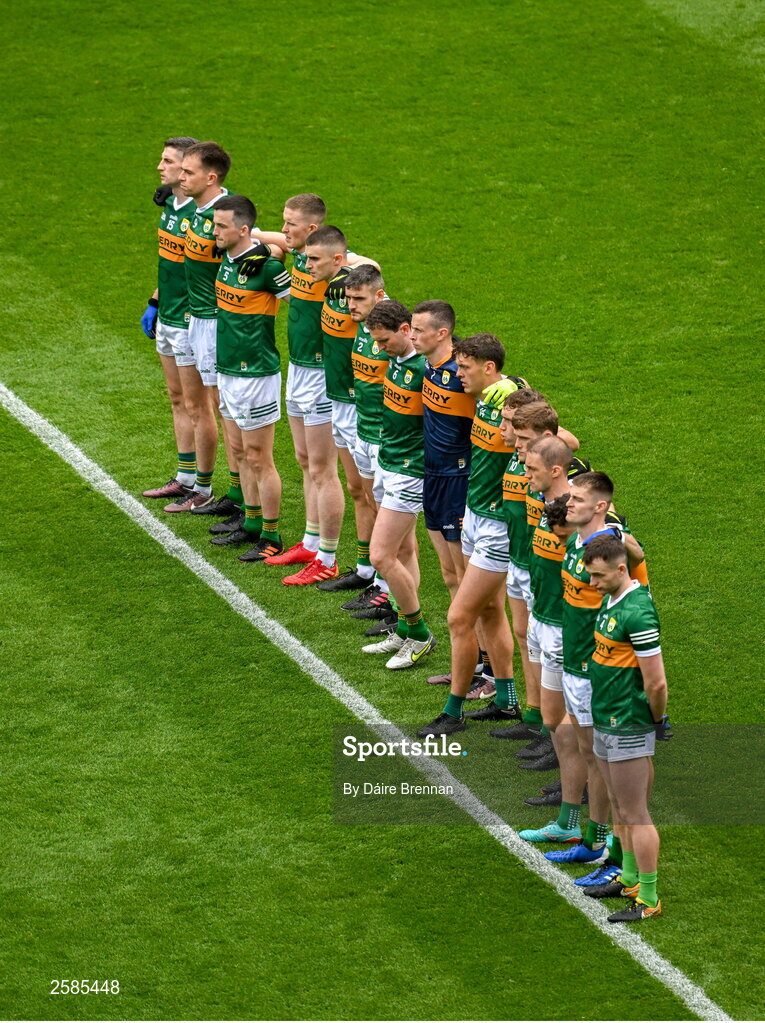 30 July 2023; The Kerry team stand together during the national anthem ahead of the GAA Football All-Ireland Senior Championship final match between Dublin and Kerry at Croke Park in Dublin. Photo by Daire Brennan/Sportsfile