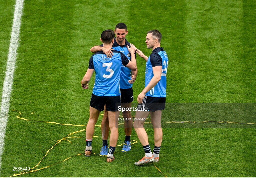30 July 2023; Dublin players, left to right, Michael Fitzsimons, James McCarthy, and Dean Rock, celebrate after the GAA Football All-Ireland Senior Championship final match between Dublin and Kerry at Croke Park in Dublin. Photo by Daire Brennan/Sportsfile