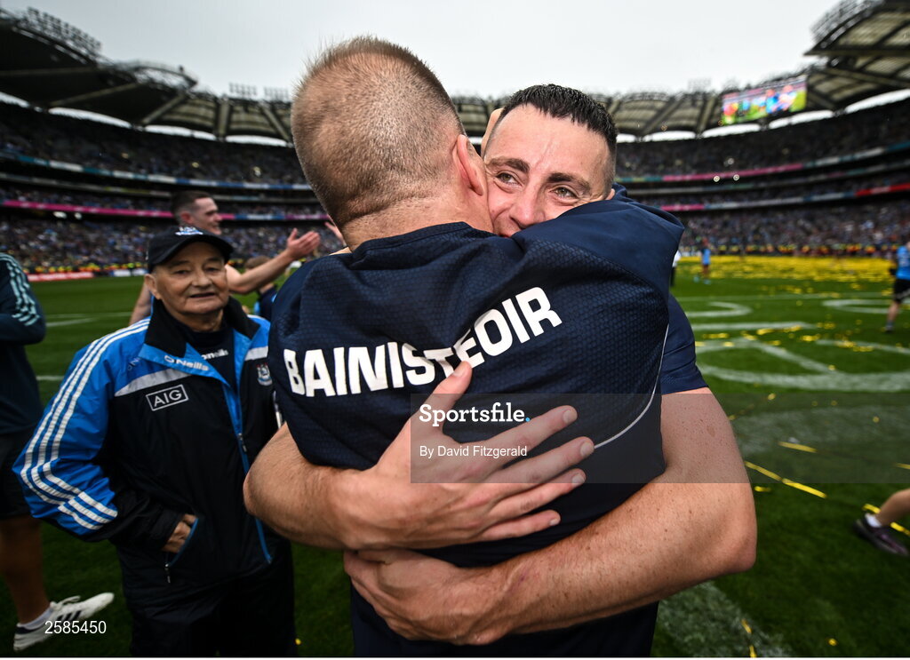 30 July 2023; Dublin manager Dessie Farrell celebrates with Cormac Costello after the GAA Football All-Ireland Senior Championship final match between Dublin and Kerry at Croke Park in Dublin. Photo by David Fitzgerald/Sportsfile