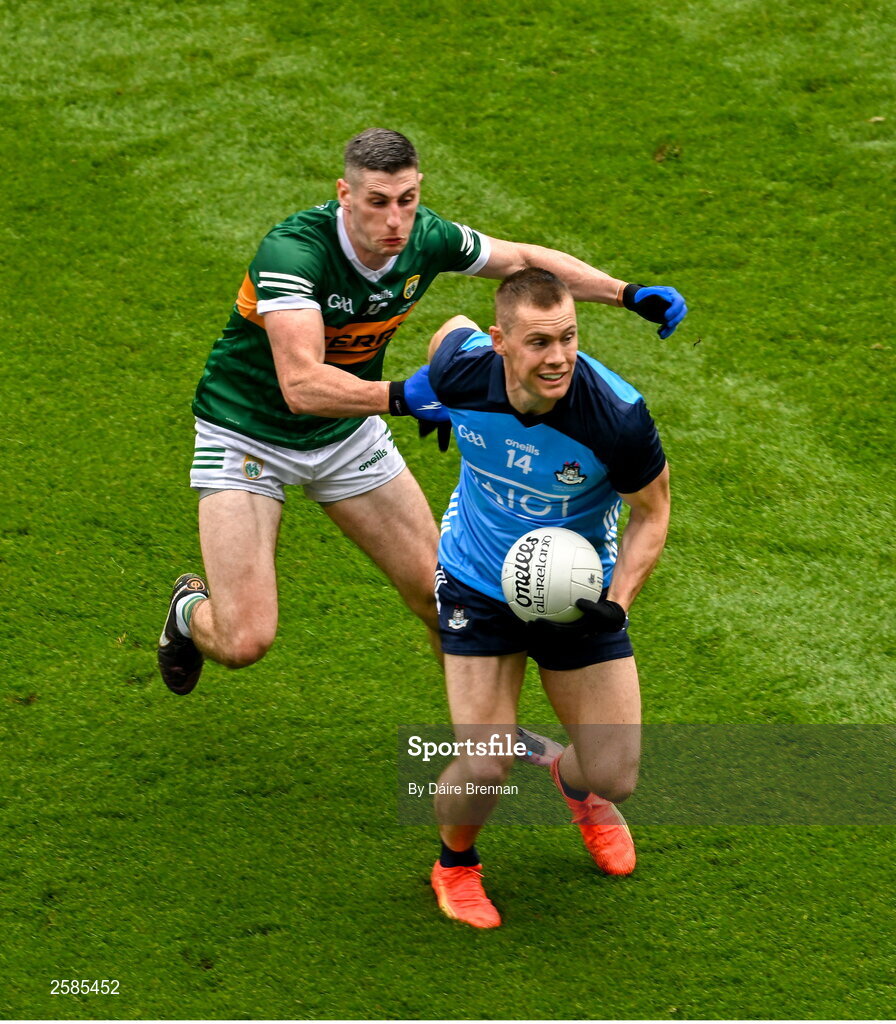 30 July 2023; Con O'Callaghan of Dublin in action against Paul Geaney of Kerry during the GAA Football All-Ireland Senior Championship final match between Dublin and Kerry at Croke Park in Dublin. Photo by Daire Brennan/Sportsfile