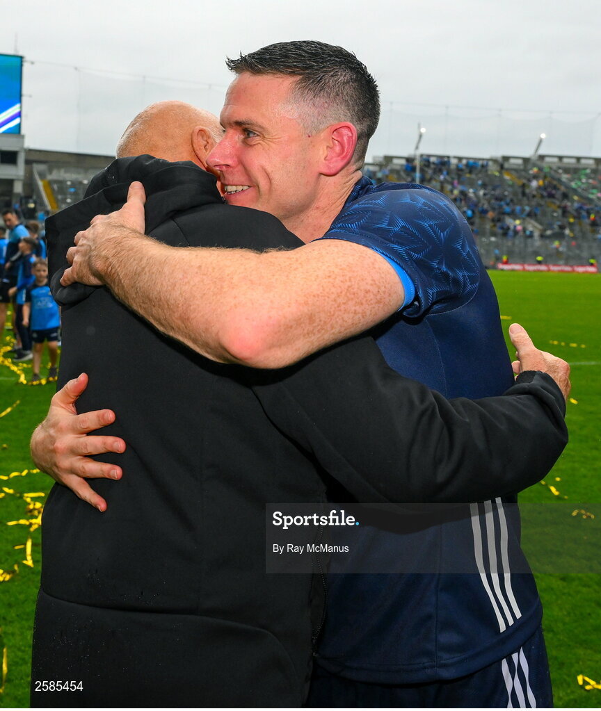 30 July 2023; Former Dublin selector Mickey Whelan with Dublin goalkeeper Stephen Cluxton after the GAA Football All-Ireland Senior Championship final match between Dublin and Kerry at Croke Park in Dublin. Photo by Ray McManus/Sportsfile