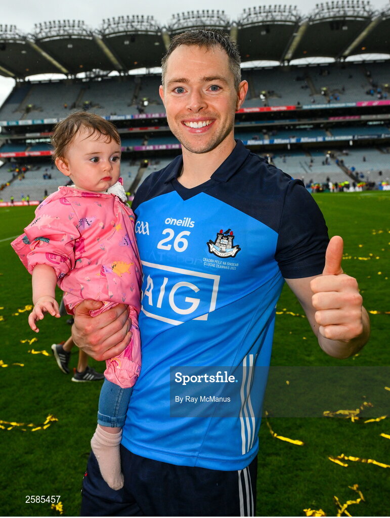 30 July 2023; Dean Rock of Dublin with his daughter Sadie after the GAA Football All-Ireland Senior Championship final match between Dublin and Kerry at Croke Park in Dublin. Photo by Ray McManus/Sportsfile