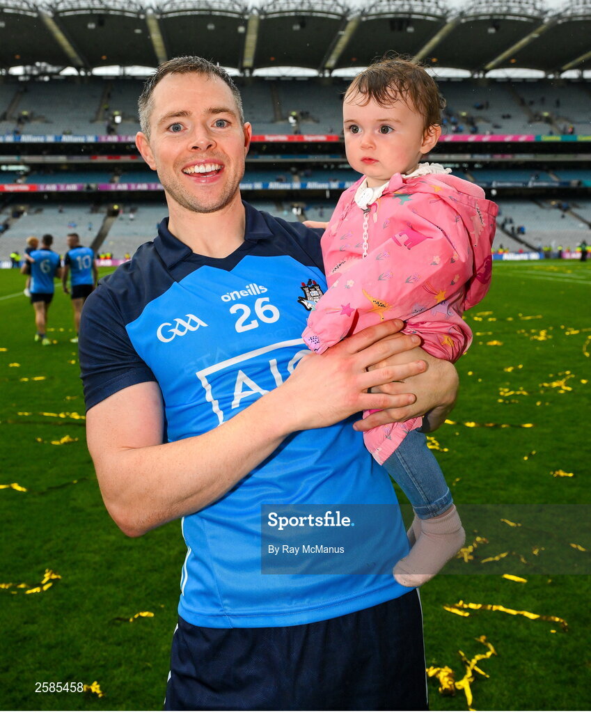 30 July 2023; Dean Rock of Dublin with his daughter Sadie after the GAA Football All-Ireland Senior Championship final match between Dublin and Kerry at Croke Park in Dublin. Photo by Ray McManus/Sportsfile