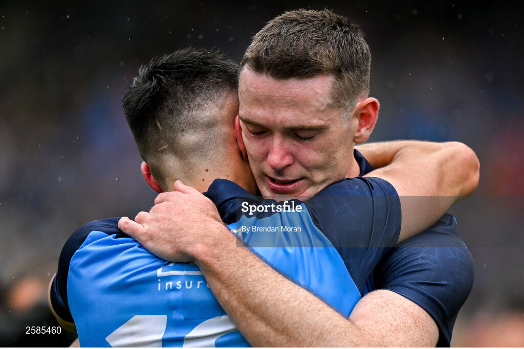 30 July 2023; An emotional Brian Fenton of Dublin, right, and teammate Niall Scully celebrate victory after the GAA Football All-Ireland Senior Championship final match between Dublin and Kerry at Croke Park in Dublin. Photo by Brendan Moran/Sportsfile