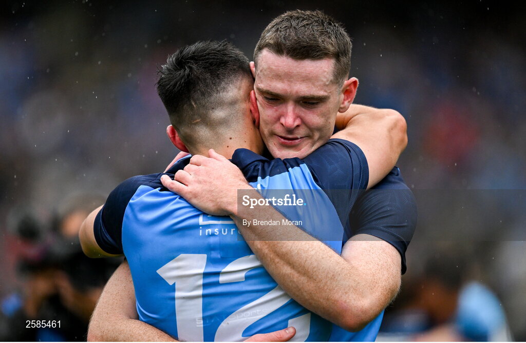 30 July 2023; An emotional Brian Fenton of Dublin, right, and teammate Niall Scully celebrate victory after the GAA Football All-Ireland Senior Championship final match between Dublin and Kerry at Croke Park in Dublin. Photo by Brendan Moran/Sportsfile