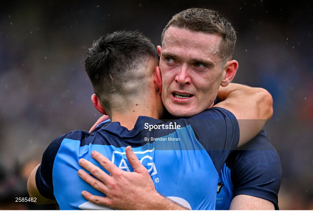 30 July 2023; An emotional Brian Fenton of Dublin, right, and teammate Niall Scully celebrate victory after the GAA Football All-Ireland Senior Championship final match between Dublin and Kerry at Croke Park in Dublin. Photo by Brendan Moran/Sportsfile
