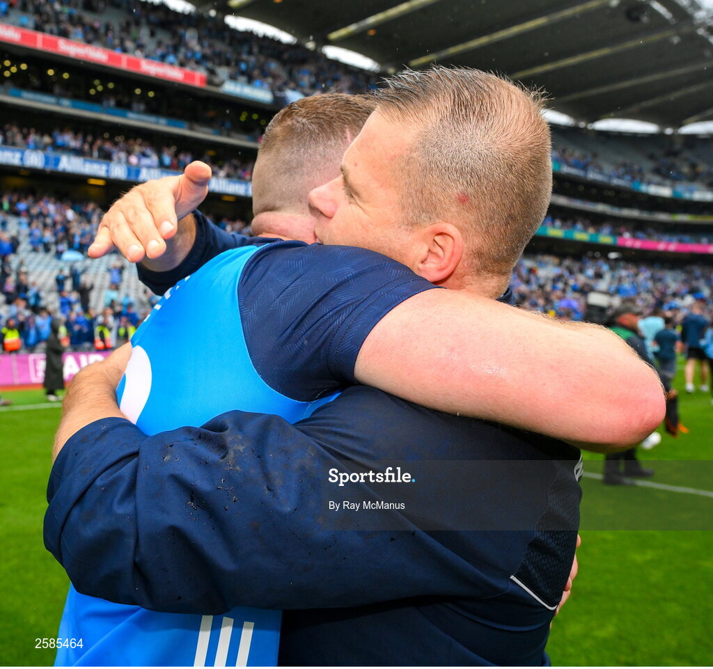 30 July 2023; Ciaran Kilkenny of Dublin with Dublin manager Dessie Farrell after the GAA Football All-Ireland Senior Championship final match between Dublin and Kerry at Croke Park in Dublin. Photo by Ray McManus/Sportsfile
