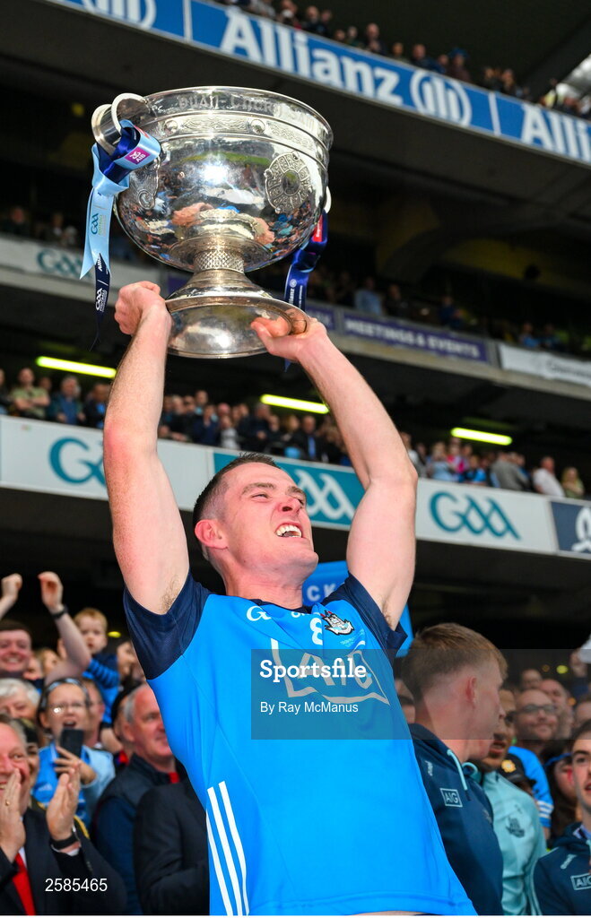 30 July 2023; Brian Fenton of Dublin lifts the Sam Maguire Cup after the GAA Football All-Ireland Senior Championship final match between Dublin and Kerry at Croke Park in Dublin. Photo by Ray McManus/Sportsfile