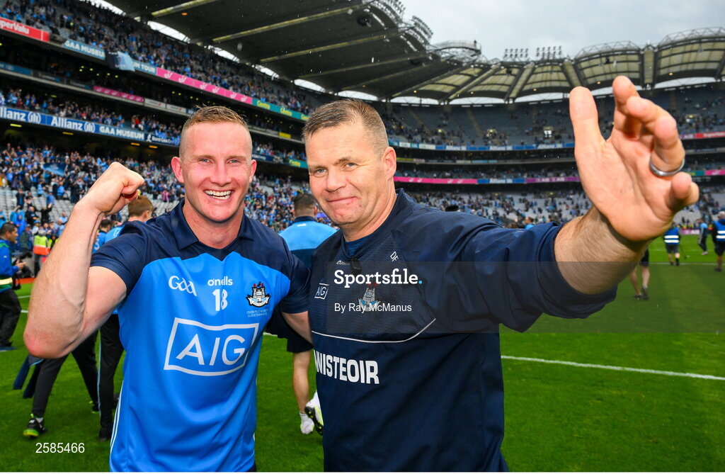 30 July 2023; Ciaran Kilkenny of Dublin with Dublin manager Dessie Farrell after the GAA Football All-Ireland Senior Championship final match between Dublin and Kerry at Croke Park in Dublin. Photo by Ray McManus/Sportsfile